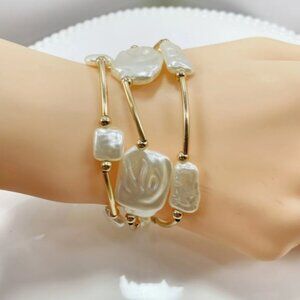 NEW Luxe 18K Gold Plated Freshwater Pearl Bracelet Set